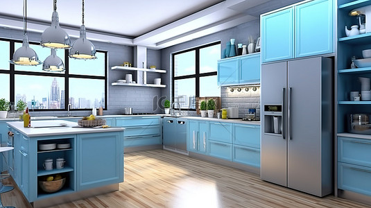 带岛的时尚蓝色厨房的时尚别致 3D 渲染