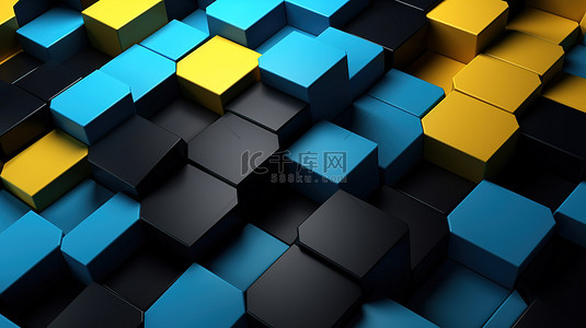 3D 渲染的六角形背景，蓝色黄色和黑色色调，非常适合网页和横幅设计