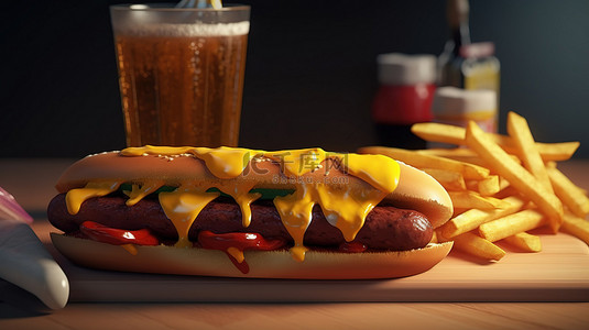芝士焗饭背景图片_彩色 3d 渲染美味垃圾食品组合披萨片汉堡热狗配芥末炸薯条和软饮料