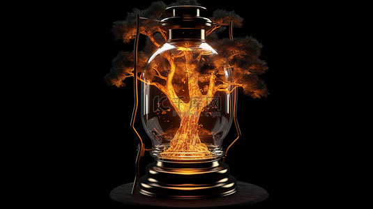 深色背景 3D 渲染下古董煤油灯中的照明树
