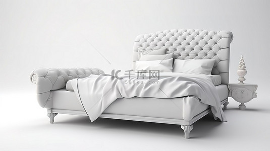 卧室展示背景图片_优雅的簇绒床在 3D 渲染中干净的白色背景上展示