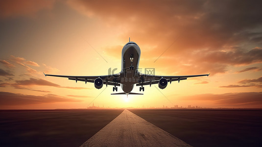 航空广告背景图片_壮观的 3D 飞机在黄昏时升起，非常适合广告