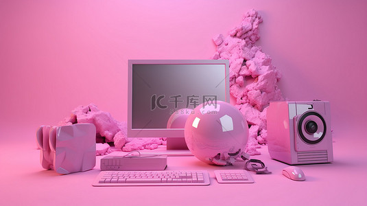 粉红色背景展示 3d 渲染软件概念