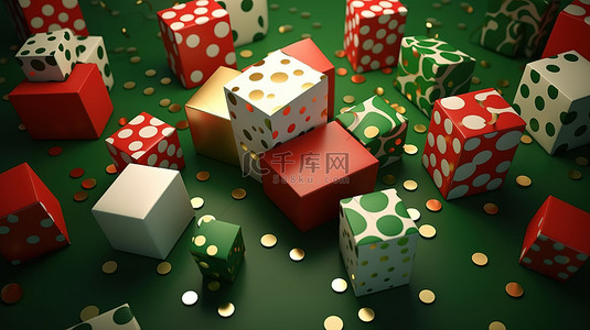 圣诞和新年概念红白金礼盒，丝带漂浮在 3D 渲染的绿色背景上