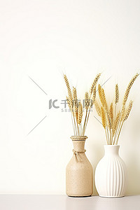 白色花背景图片_两个花瓶，里面有小麦，白色背景
