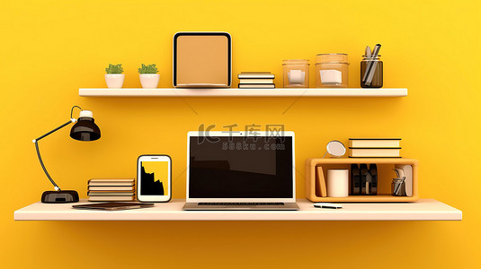 手机人背景图片_黄色墙架，配有笔记本电脑手机和平板电脑 3D 渲染横幅背景