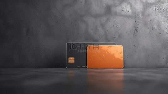 带有橙色信用卡模板的黑色混凝土背景横幅的 3D 插图
