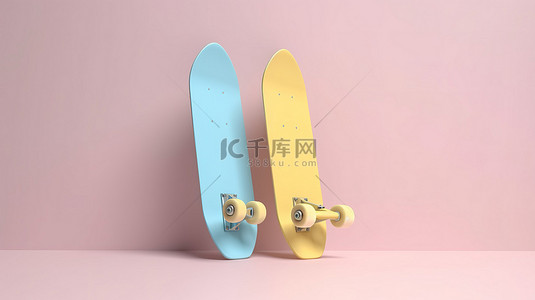 滑板背景图片_浅粉色背景与黄色和蓝色滑板在 3d 渲染