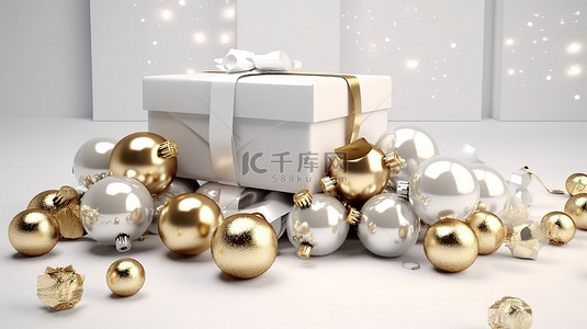 提尔塔水背景图片_闪闪发光的白色和金色礼物盒，配有圣诞摆设 3D 渲染图像