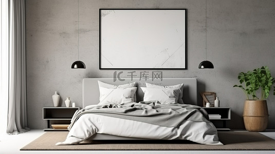 卧室展示背景图片_灰色色调的现代卧室内部展示了一个空白框架模拟 3D 渲染
