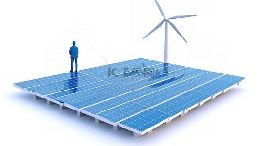 用电背景背景图片_白色背景下 3D 渲染中持有蓝色太阳能电池图案面板和风力涡轮机风车的人