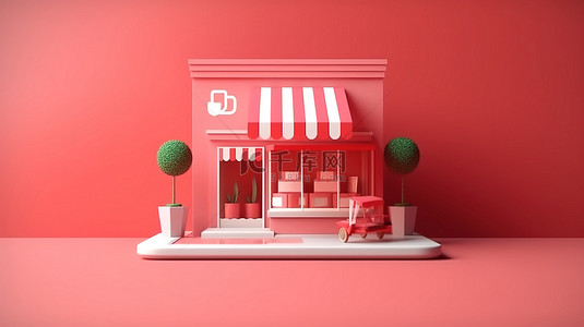 网上购物概念的 3D 插图，带有电子商店中智能手机的复制空间