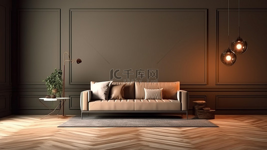 宽敞的豪华客房，配有别致的沙发木地板和棕色墙壁 3D 渲染