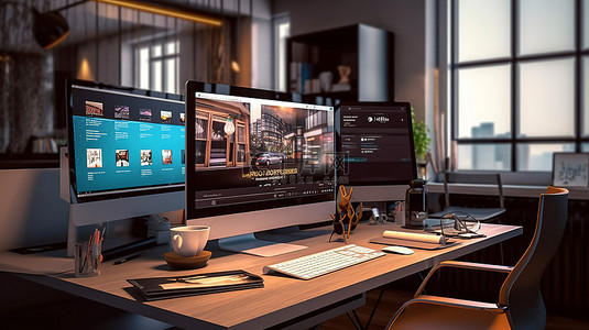 现代工作区在 3D 渲染的屏幕上显示图形设计软件