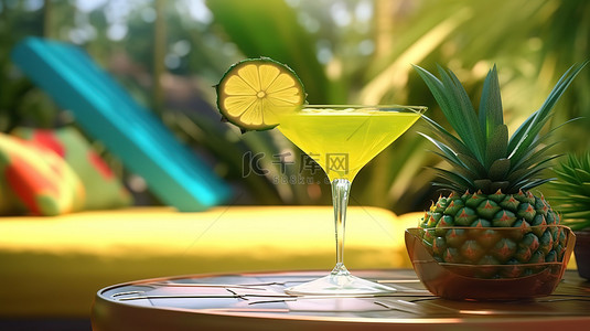 墨西哥仙人掌背景图片_在配有日光浴床和仙人掌的墨西哥风格露台上享用玛格丽塔鸡尾酒，通过 3D 渲染捕捉夏日氛围