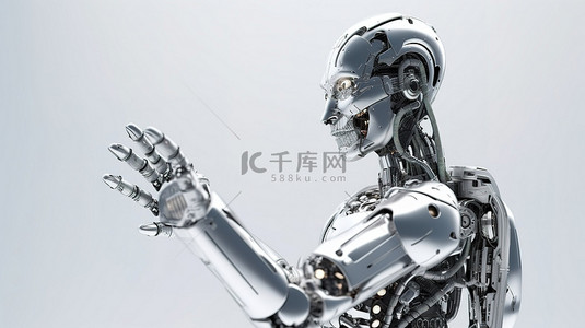 白色背景 3D 渲染的机器人或机器人女性用手指指着