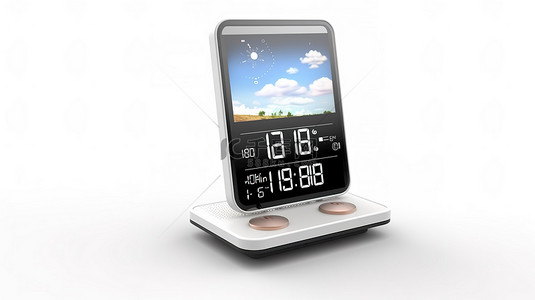 无线充电宝背景图片_时尚高科技无线家庭气象站，具有移动集成功能，并在干净的白色背景 3D 渲染图像上显示实时天气