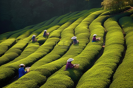 上海茶农在行间采摘茶叶