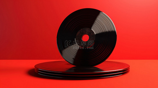 红色背景上 3D 渲染的黑胶唱片