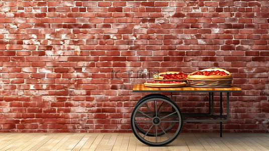 砖墙背景下披萨手推车的 3D 渲染