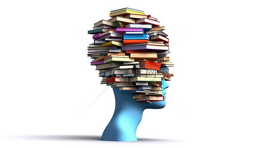 思考学生背景图片_知识书籍的 3D 渲染在白色隔离的头上保持平衡