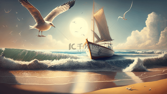 美丽旅游背景图片_旅游太阳帆船海鸥背景