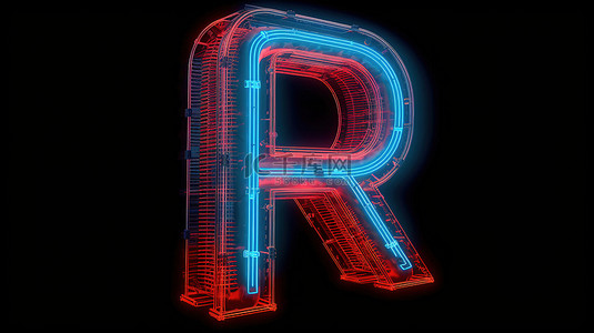 发光的霓虹灯红色 r 在 3d 渲染中照亮蓝色字母内部