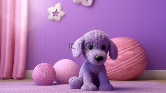 可爱的小狗狗背景图片_3D 渲染的粉红色房间，配有可爱的紫色小狗玩具，非常适合学龄前儿童