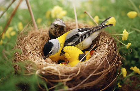 小鸟在巢里吃东西