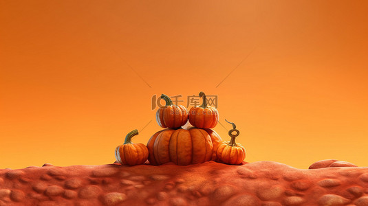 秋季水果蔬菜背景图片_万圣节灵感的南瓜栖息在岩石上，在充满活力的橙色背景下，3D 渲染将蔬菜描绘为装饰物