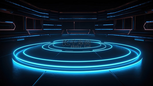 未来派科幻舞台上发光的 LED 激光圆圈 3D 呈现空旷的派对展示场地和技术插图