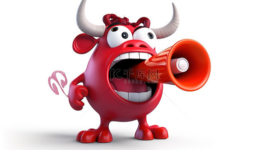 幽默的 3D 红牛，手上有眼睛，通过扩音器说话