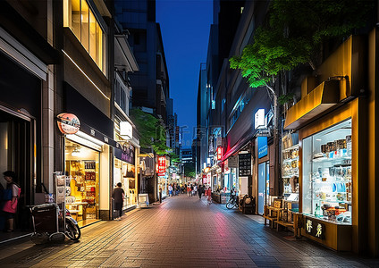 明亮城市中一条有许多商店的街道