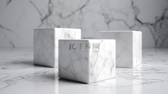 布料背景上的白色大理石几何立方体 3d 渲染图像，用于演示