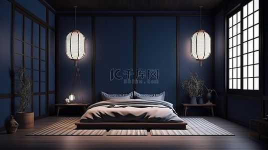 床和榻榻米背景图片_热带房间内部配有日式深蓝色卧室和榻榻米地板 3D 渲染