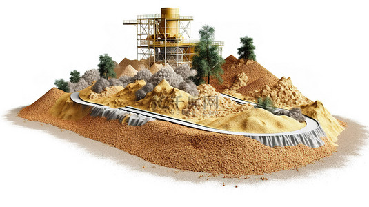 绿色化工背景图片_砾石生产厂 3D 重型机械在横截面地面上的插图，草隔离在白色