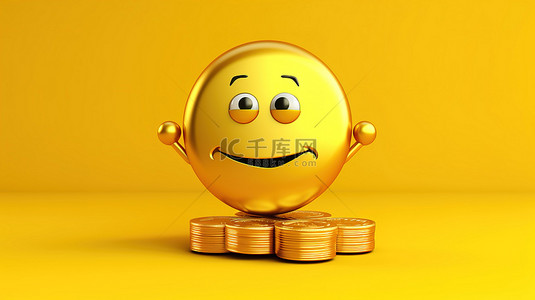 充电符号背景图片_角色吉祥物的 3D 渲染，该吉祥物持有一枚金色奖金硬币，黄色背景上带有抽象电池充电符号