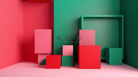 方形粉色背景图片_红色粉色和绿色抽象墙角的简约 3D 渲染