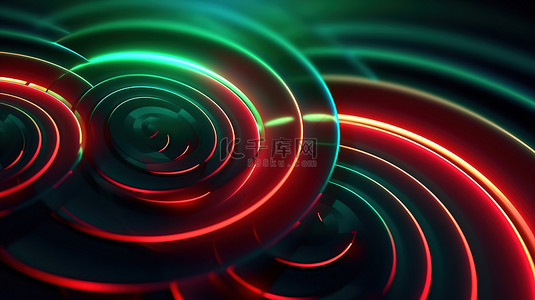 豪华霓虹灯俱乐部风格的绿色和红色圆圈抽象背景创建动态眩晕效果 3D 插图