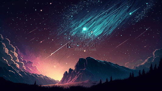 星空流星山脉唯美插画背景