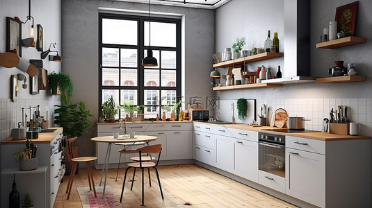 小房子窗户背景图片_3D 渲染的小厨房设计，配有白色橱柜和阁楼风格的时尚灰色墙壁
