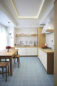 厨房里铺着瓷砖地板
