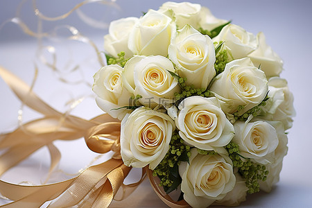 绿丝带背景图片_新娘花束中的白玫瑰，带绿丝带