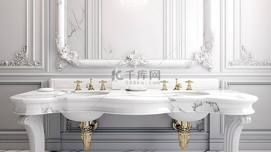 古典风格白色豪华面盆柜台的 3D 渲染