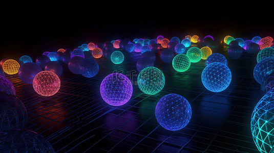 3d 霓虹灯网格空间中随机着色的球体