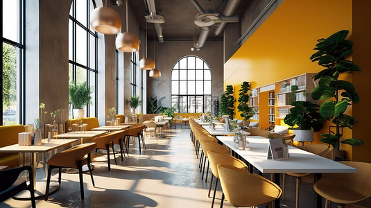 舒适的咖啡厅餐厅和创意工作区的 3D 渲染图像