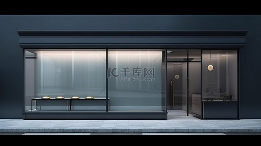 前方背景图片_现代黑色铝和玻璃店面的 3D 插图渲染，面向前方，内部空荡荡