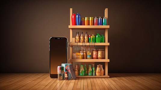 购物篮饮料架和带购物袋的智能手机的 3D 渲染