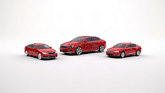 干净的白色背景上的红色中型城市家庭轿车的 3D 渲染