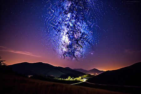 夜间在丘陵地貌上方可见银河